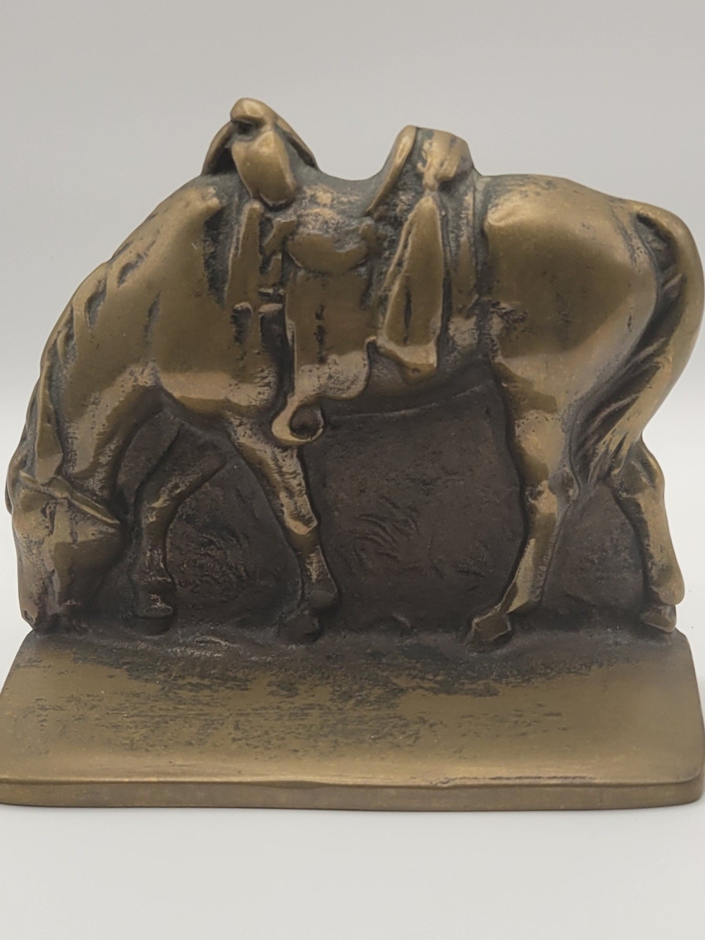 Vintage Solid Brass Grazing Horse with Saddle Western Doorstop or Bookend 5”x4”